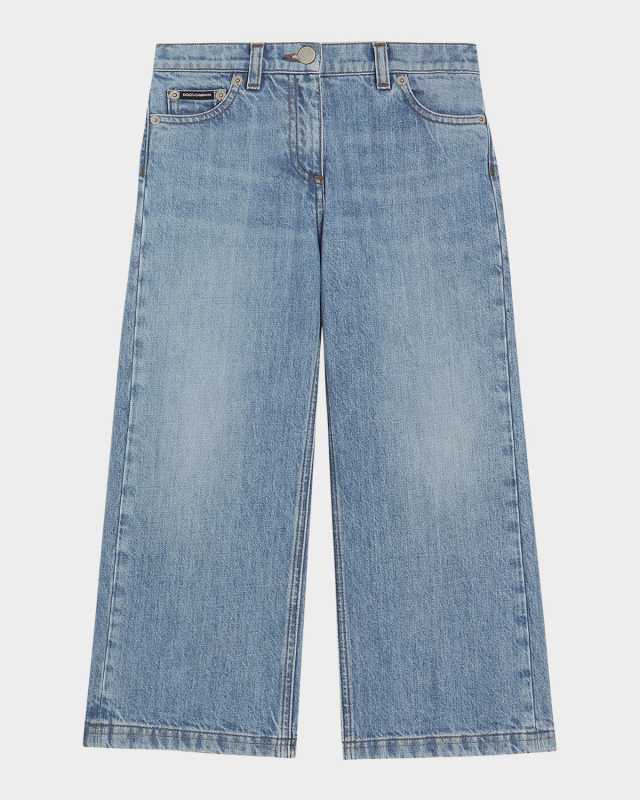 Girl's Logo-Plaque Wide Leg Jeans, Size 8-